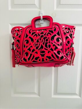 Source Unknown Red Laser-Cut Tote Bag with Tassels